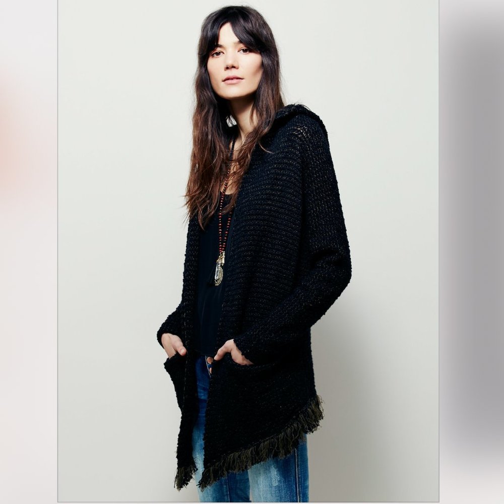 Black Hooded Free People Open Front Sweater